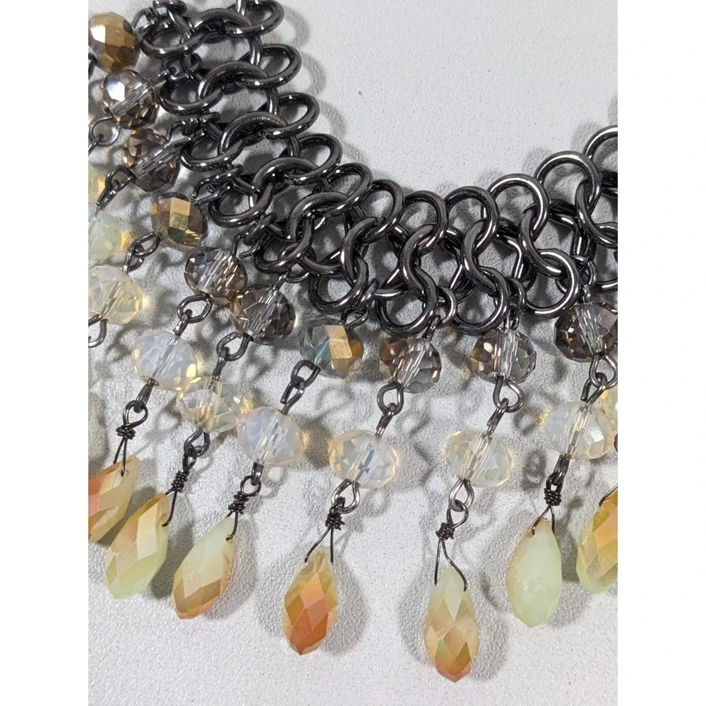 Gunmetal Gray Beige Glass Bead Woven‎ Bib Statement Necklace Fringe 20